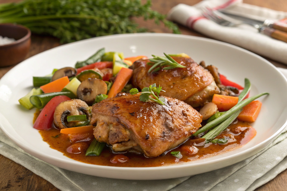 Braised chicken thigh recipe served with vegetables