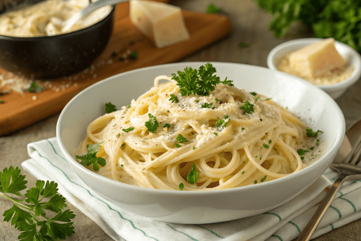 Alfredo spaghetti recipe with creamy sauce and Parmesan