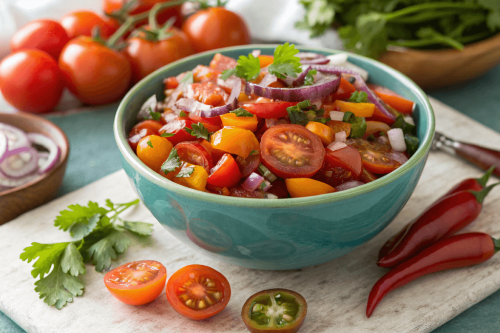 Cherry tomato salsa recipe in a bowl with fresh vegetables