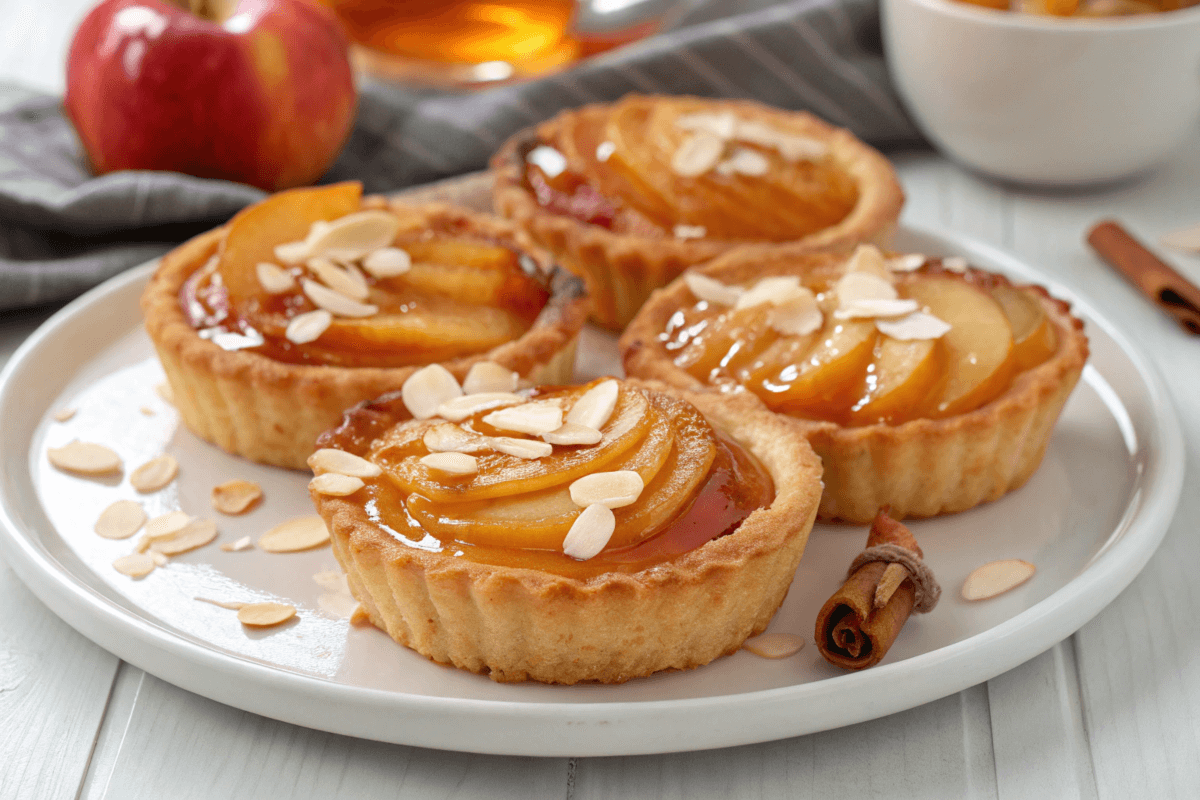 Delicious apple tartlets recipe on a white plate.