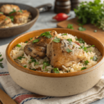 Chicken thighs rice recipe served in a bowl with garnish.