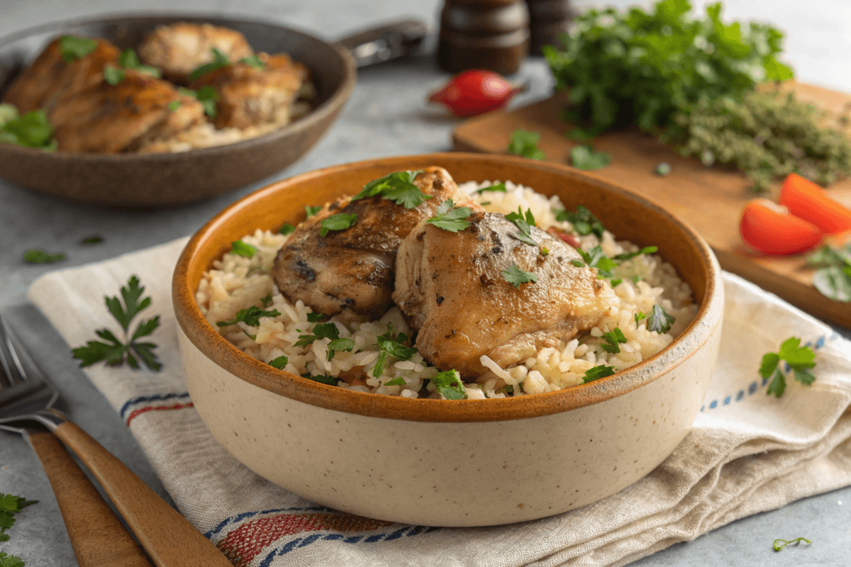 Chicken thighs rice recipe served in a bowl with garnish.