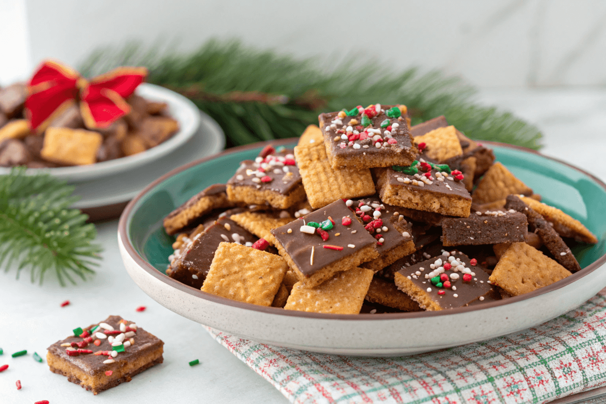 "Christmas crack recipe chex on a festive plate"