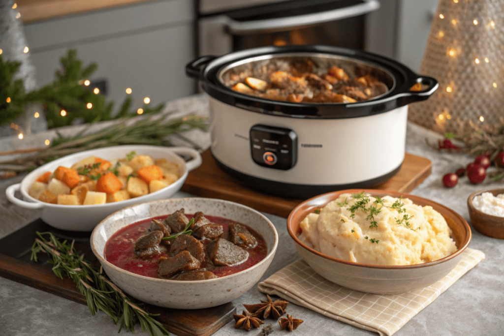 Delicious Christmas crockpot recipes simmering on the stove.