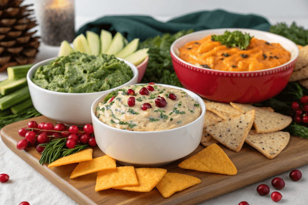 Christmas dip recipes spread with various colorful dips and chips.