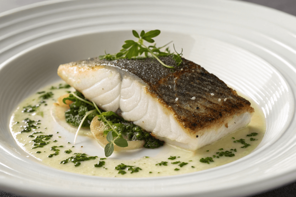 A gently cooked black bass recipe fillet presented on a white plate”