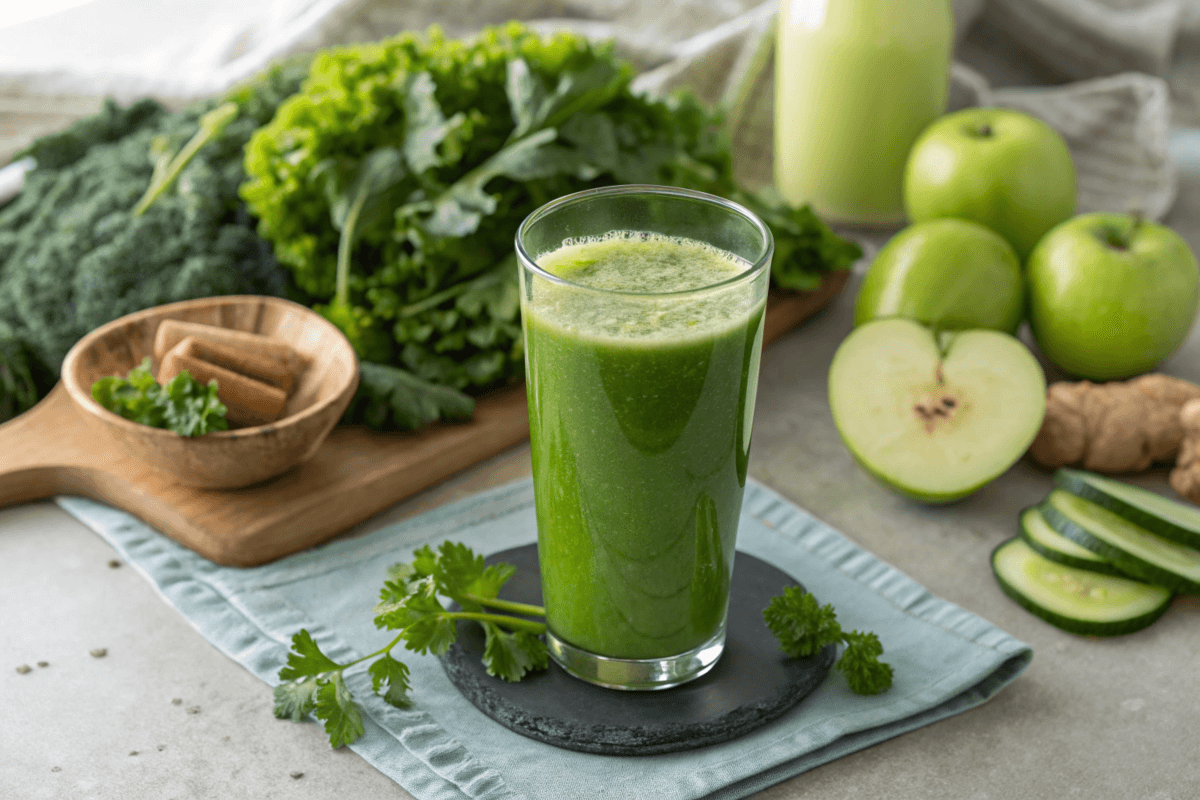 A glass of bright green juice on a table, day juice detox recipes