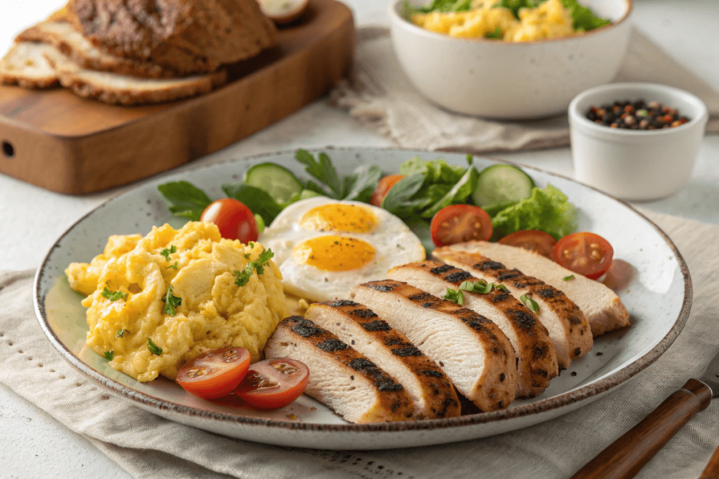 Breakfast chicken recipes with eggs and vegetables.