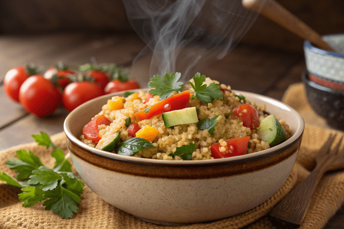 Delicious bulgur recipe with veg served in a bowl.