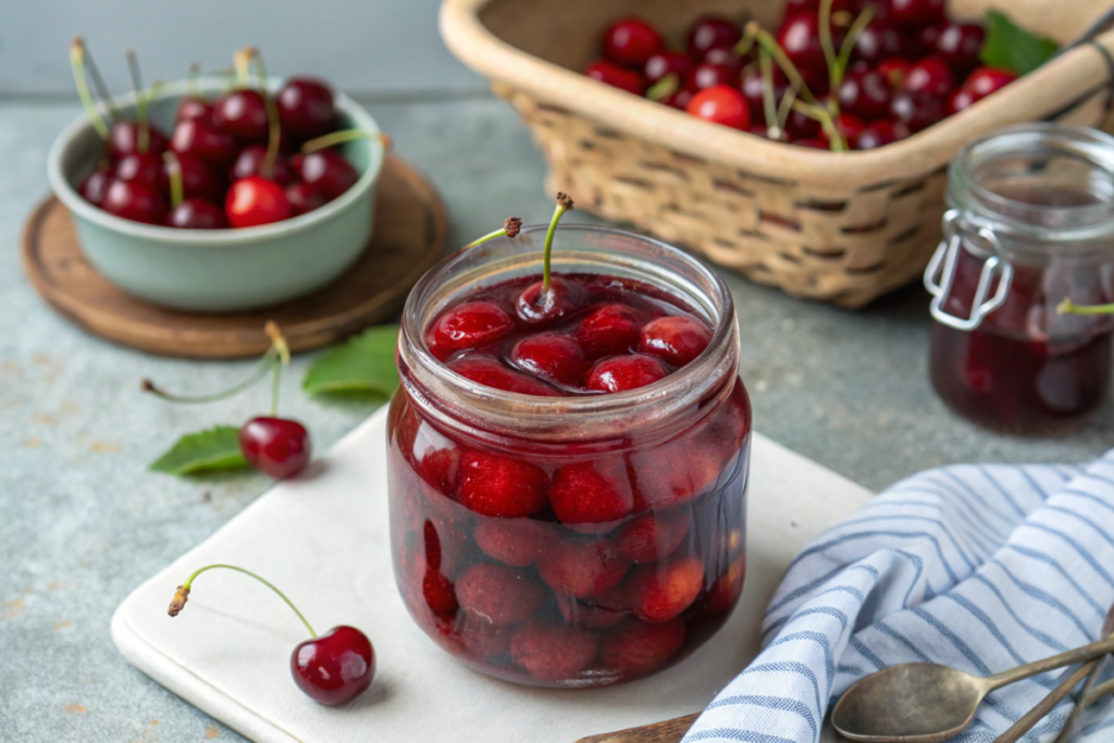 Juicy cherries soaking in a jar for cherry bounce recipes