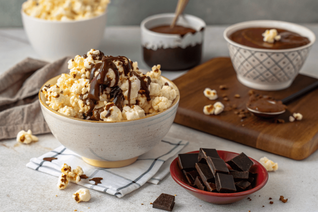 Delicious chocolate and popcorn recipe ready to serve