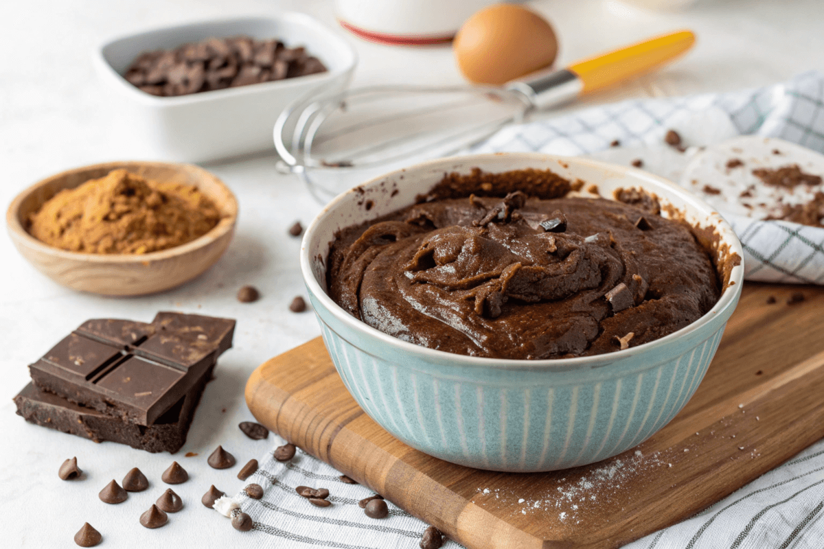 Delicious brownie batter recipe in a mixing bowl.