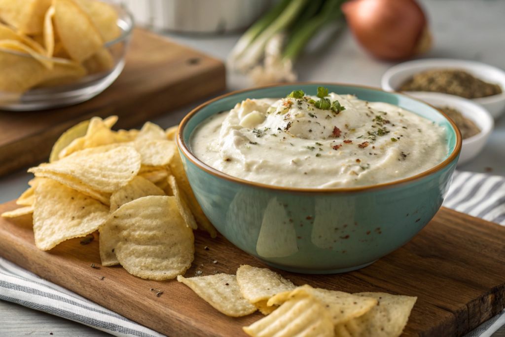 "Delicious sour cream onion dip recipe served with chips"