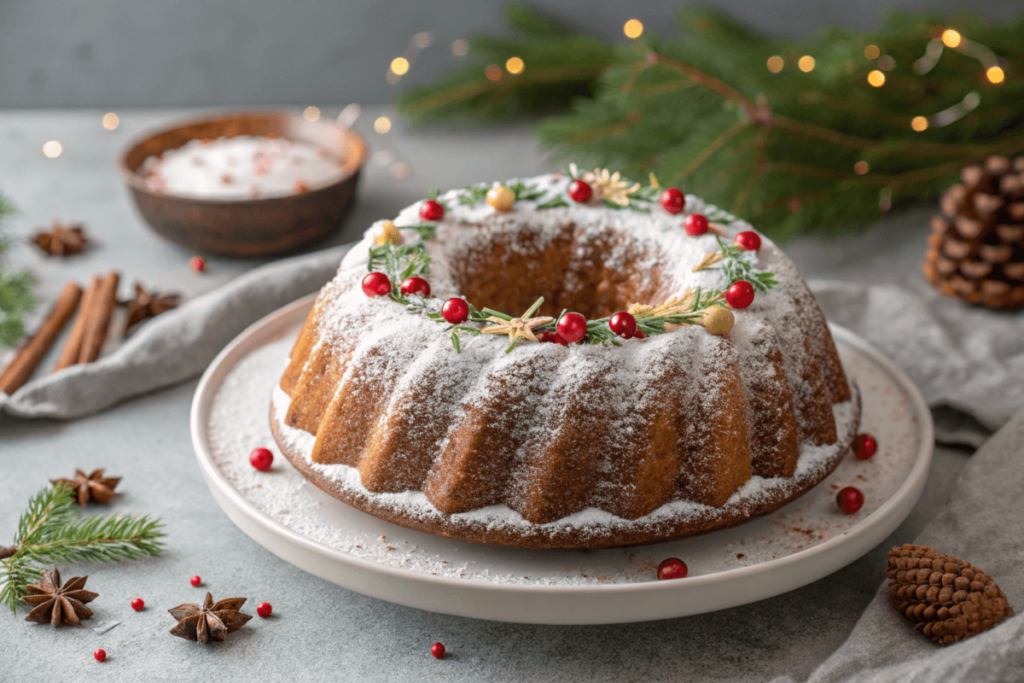 Christmas Bundt cake recipes beautifully decorated with powdered sugar and festive sprinkles.