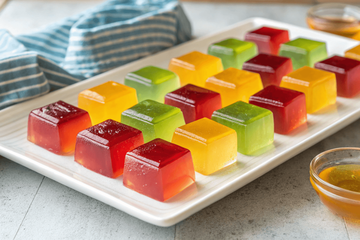 "A platter of colorful jelly cubes made with gar agar recipes"