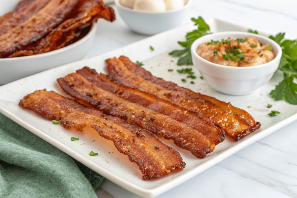 Crispy homemade beef bacon recipe slices on a plate.