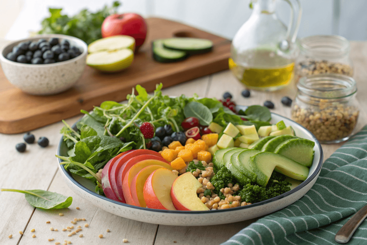 “Alkaline meal recipes served on a plate with greens and fruits”