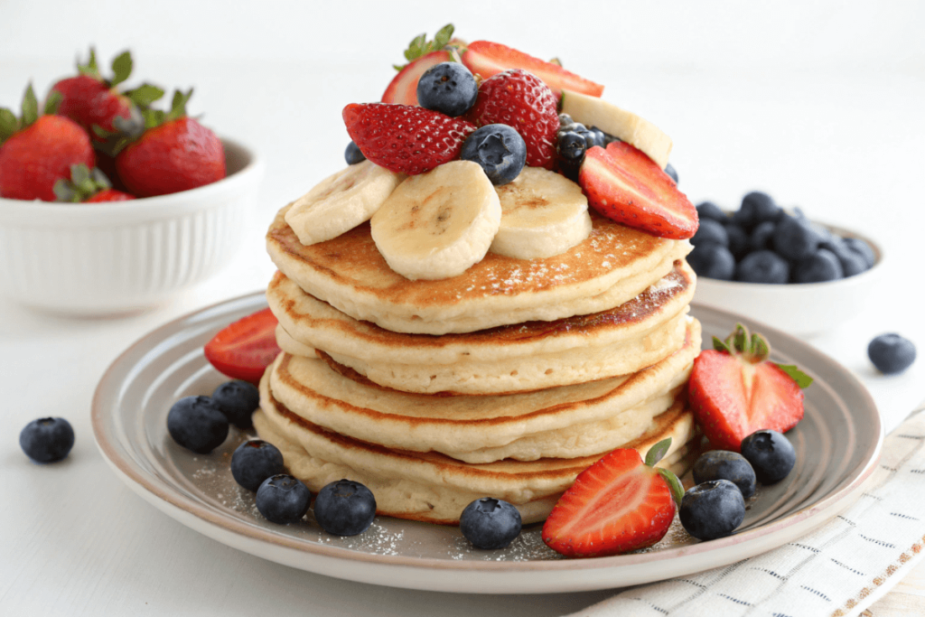 A stack of pancakes made using bob’s mills recipes, topped with fresh fruit.