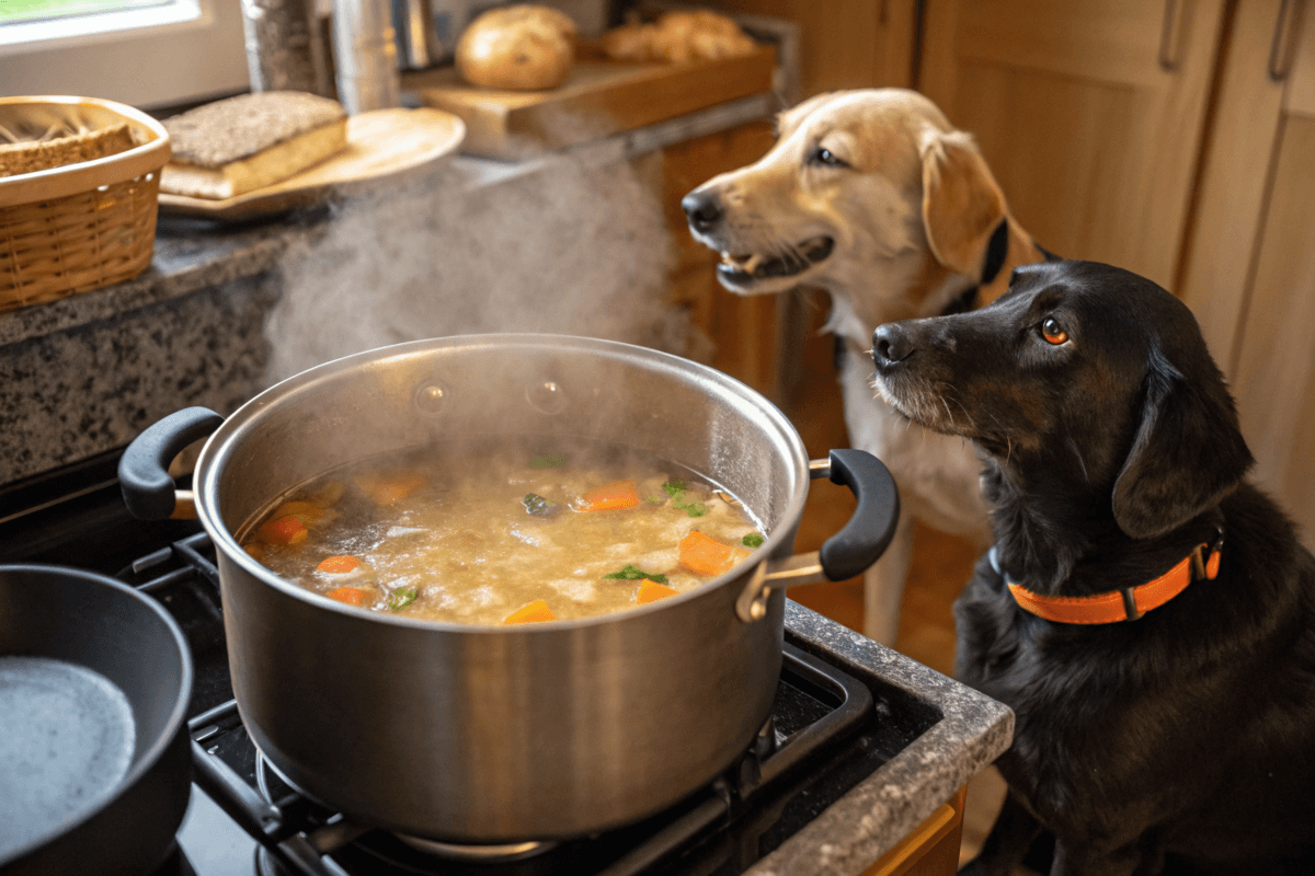 Bone broth dogs recipe simmering in a pot