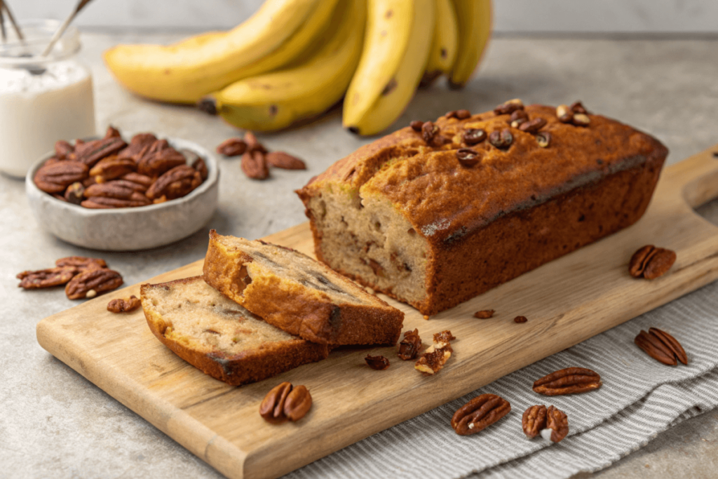 banana pecan bread recipe loaf sliced on board