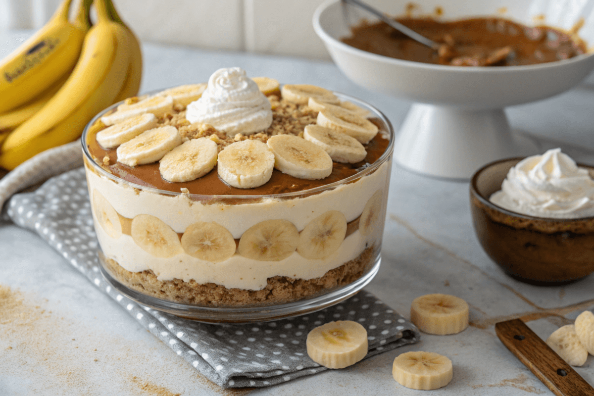 banoffee pudding recipe dessert with banana slices and caramel toffee topping