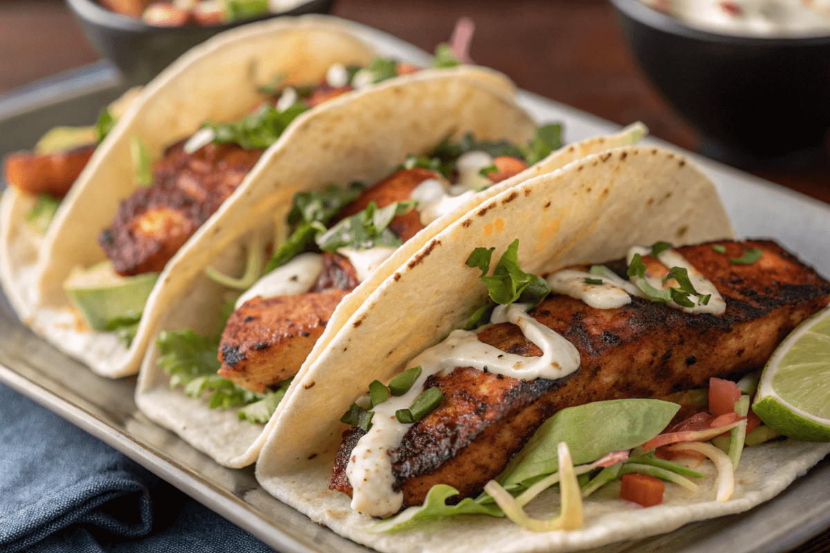 blackened fish tacos recipe with charred fillets and fresh toppings”