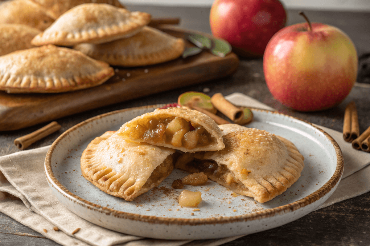 Homemade apple empanadas on a rustic plate.