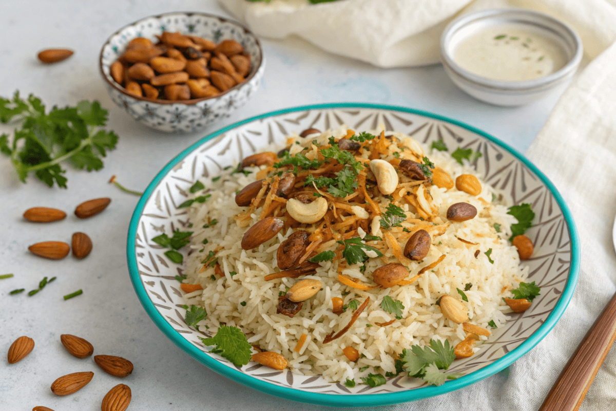 A beautifully plated Arabic rice dish featuring basmati rice, vermicelli, and garnishes