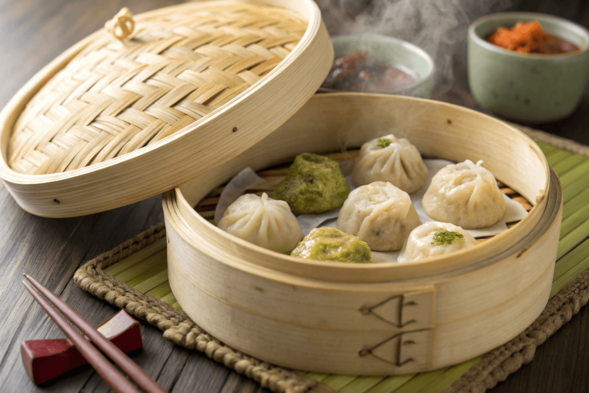 bamboo steamer recipes with dumplings in a woven basket