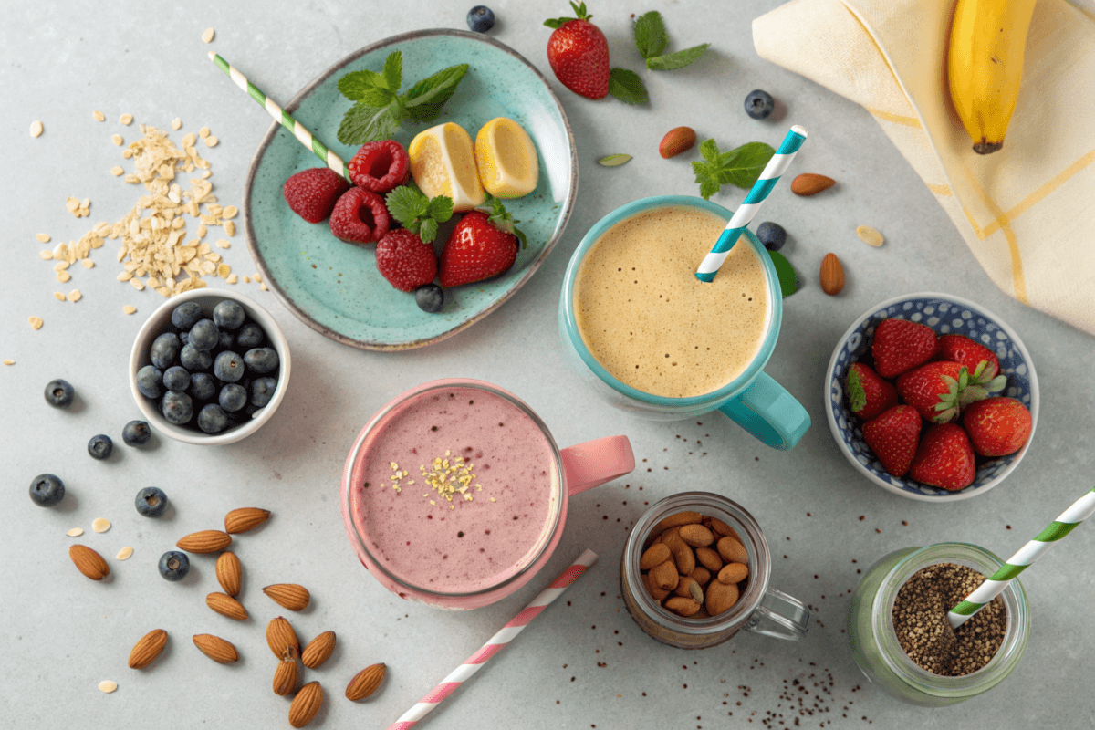 A vibrant almond milk smoothie with fresh berries