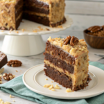 Baker's recipe for German chocolate cake showcasing rich chocolate layers and coconut-pecan frosting.