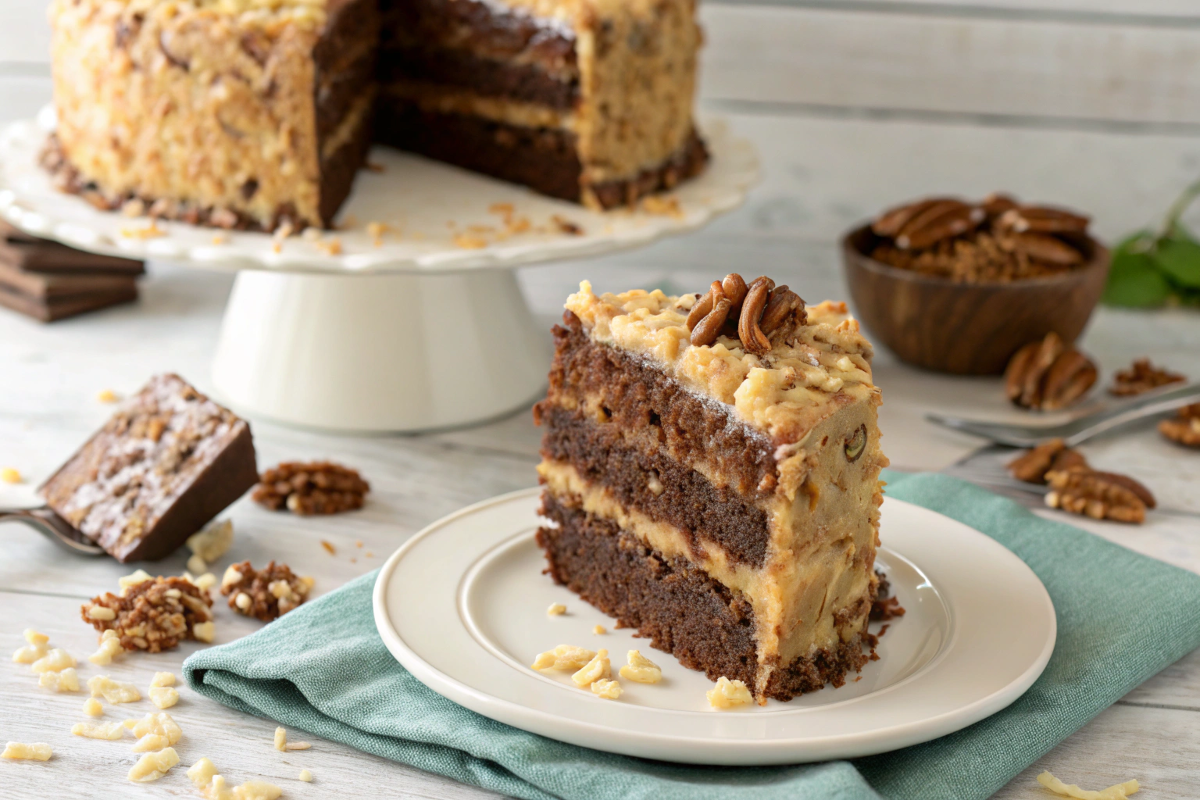 Baker's recipe for German chocolate cake showcasing rich chocolate layers and coconut-pecan frosting.