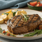 A plated beef shoulder steak recipe with a seared crust.