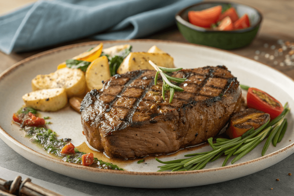 A plated beef shoulder steak recipe with a seared crust.