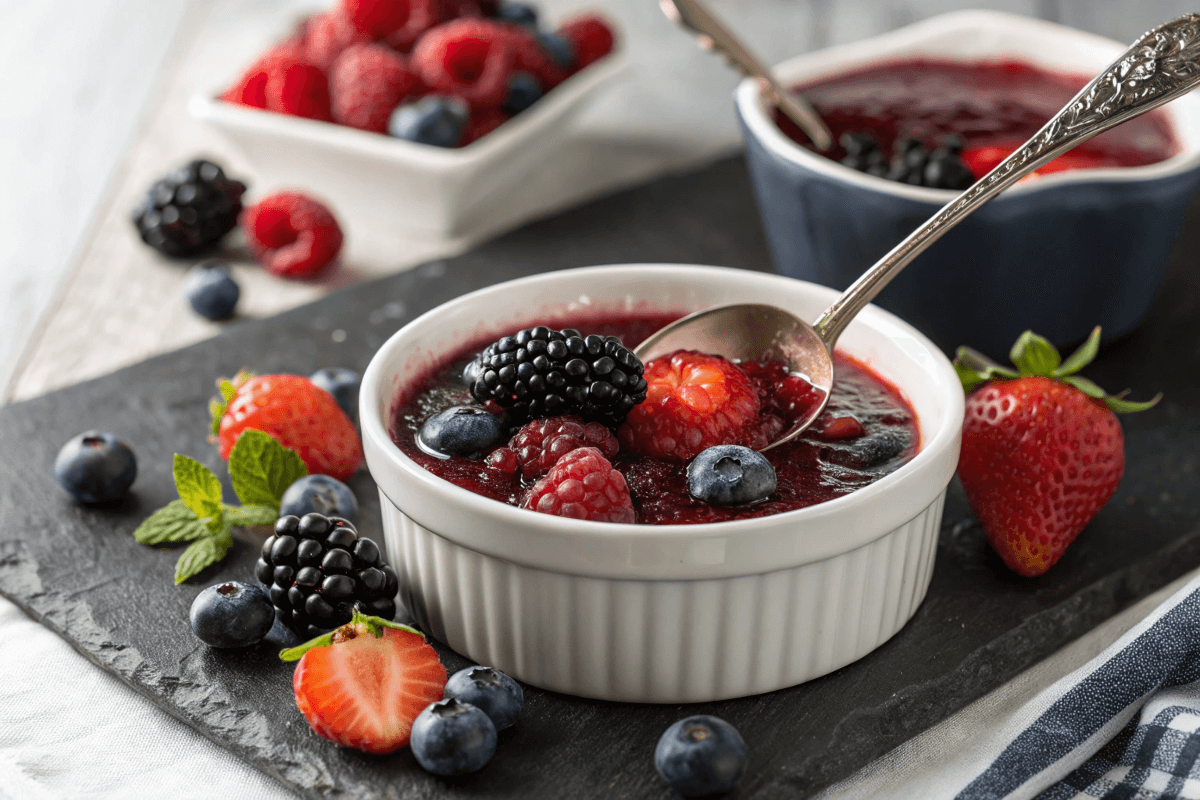 Berry sauce recipe with fresh berries and a spoon.