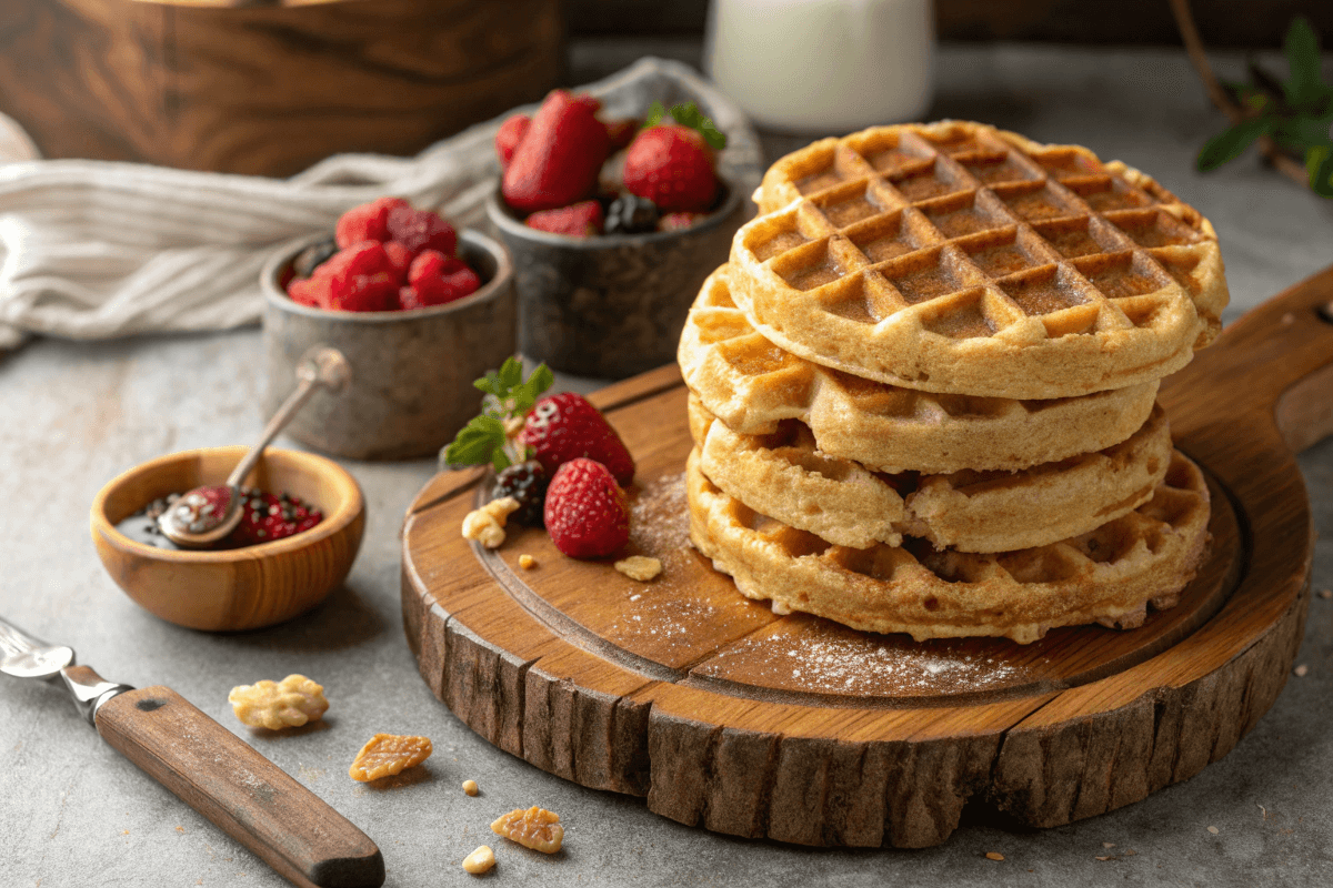 Bisquick waffle recipes freshly made on a wooden board