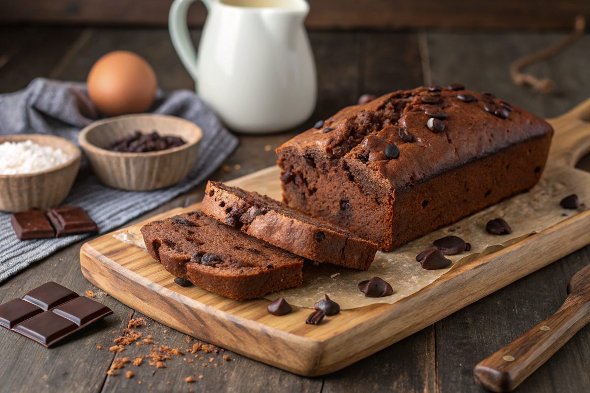 Bread recipe with chocolate freshly baked on a wooden board