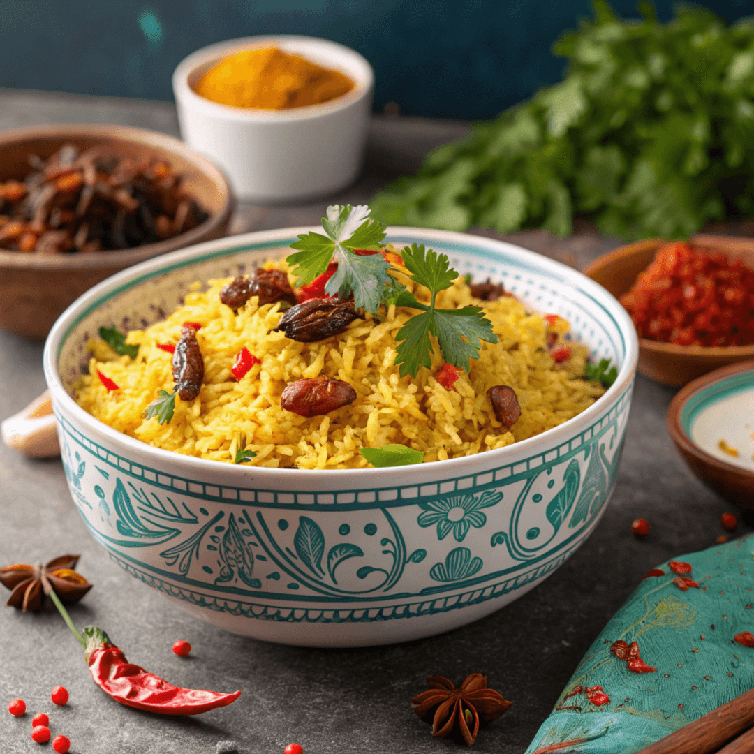 A dish of arabic rice recipe in a bowl with vibrant spices.