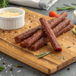 Beef stick recipe featuring homemade savory beef sticks on a wooden board.