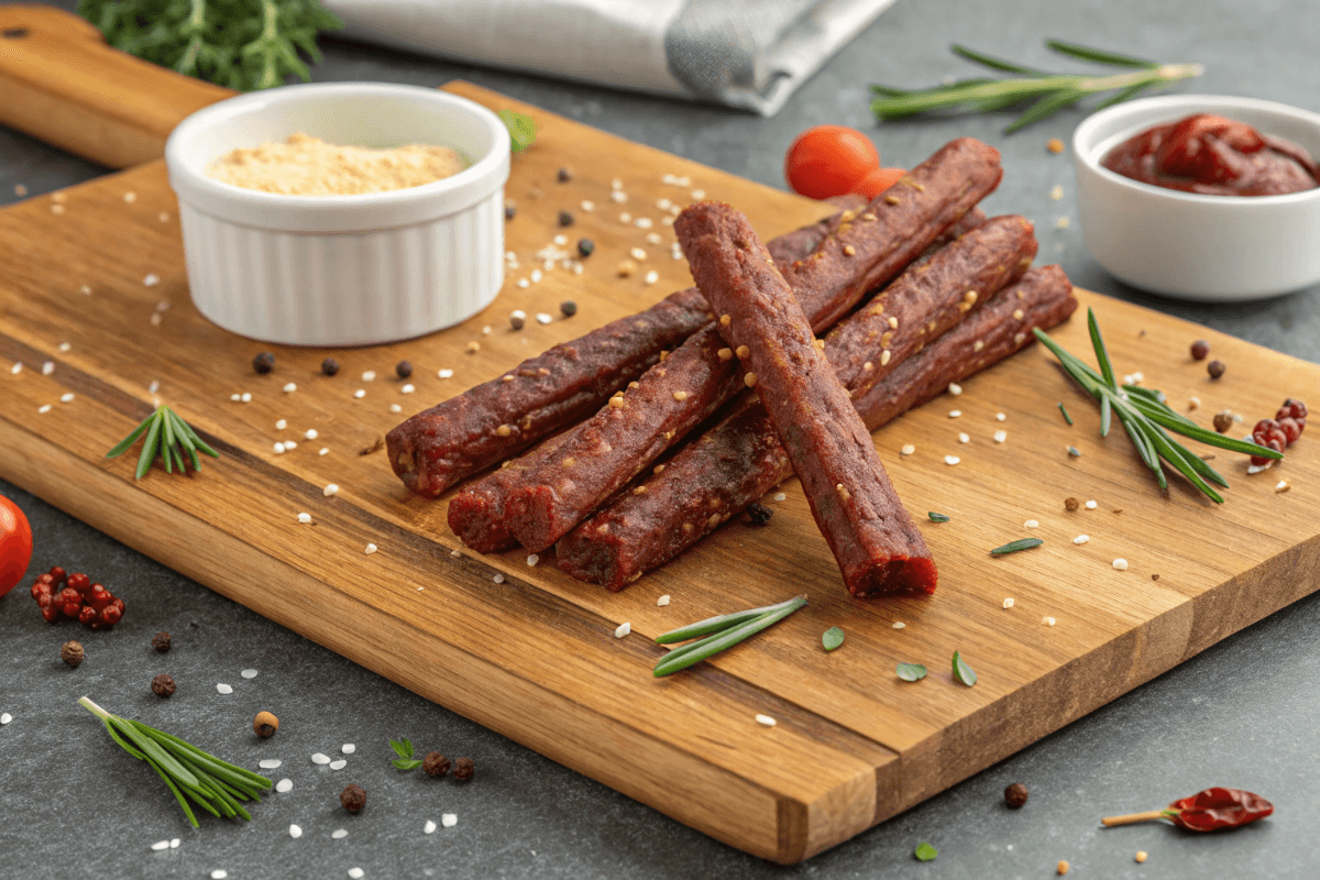 Beef stick recipe featuring homemade savory beef sticks on a wooden board.