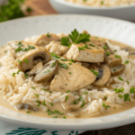 Chicken with mushroom soup and rice recipe on a plate