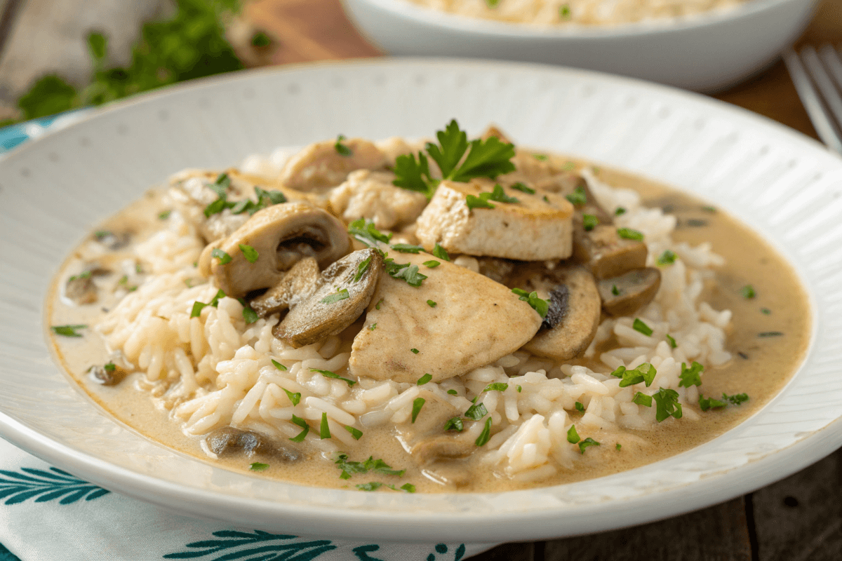 Chicken with mushroom soup and rice recipe on a plate